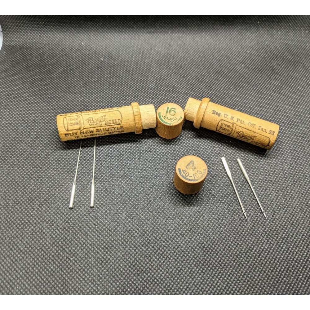 2 Vintage Antique Boye Brand Needle Shuttle Wood Container Sew Craft 1900s